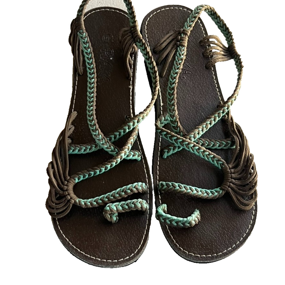 Plaka Sandals Womens Size 10 Turquoise Brown Hand Woven Strappy Shoes